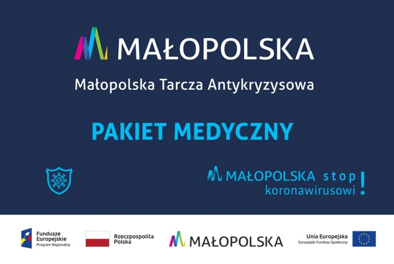 Na granatowym tle napis Małopolska Tarcza Antykryzysowa Pakiet Medyczny
