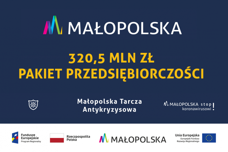 Grafika informacyjna o pakiecie przedsiębiorczości Małopolskiej Tarczy Antykryzysowej