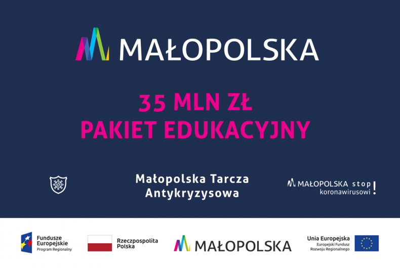 Infografika. Na granatowym tle znajdują się napisy: Małopolska, 35 mln zł, pakiet edukacyjny.