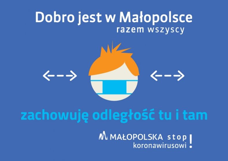 Grafika kampanii Dobro jest w Małopolsce. Stop Koronawirusowi, która informuje o zachowaniu dwumetrowej odległości pomiędzy osobami