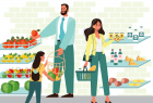 Infografika ilustrująca temat unikania plastiku. Rodzina na zakupach w sklepie z własnymi torbami i koszykami wybiera produkty na wagę
