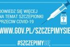 Komunikat napisany białą czcionką na niebieskim tle: Dowiedz się więcej na temat szczepionki przeciw COVID-19, poniżej adres strony internetowej