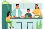 Infografika dzień bez mięsa. Rodzina przy stole z warzywami i owocami