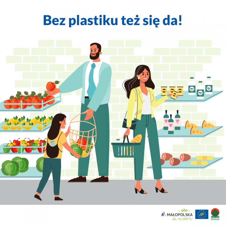 Infografika ilustrująca temat unikania plastiku. Rodzina na zakupach w sklepie z własnymi torbami i koszykami wybiera produkty na wagę