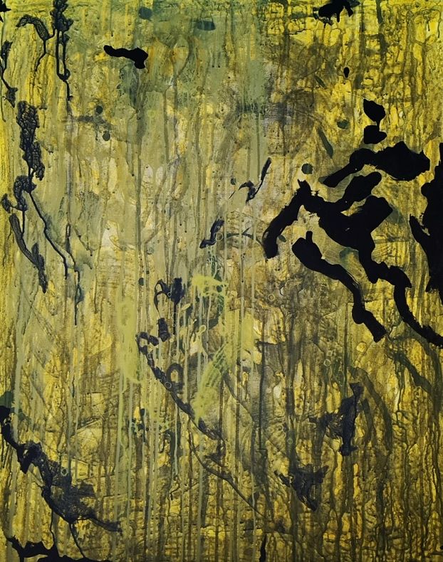 Obraz abstrakcyjny Andrzeja Cieszyńskiego w kolorystyce odcieni żółtego, zielonego oraz czerni.