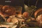 Plakat z informacjami o wystawie w tle kadr obrazu Jana Piotra Łuczyńskiego, Martwa natura, przedstawiający stół zastawiony jedzeniem a pomiędzy martwe ptaki. 