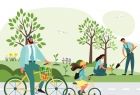 Infografika ilustrująca temat: tata z córką na rowerze, rodzina sadząca drzewo