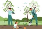 Infografika wnuczek z dziadkiem sadzą drzewo