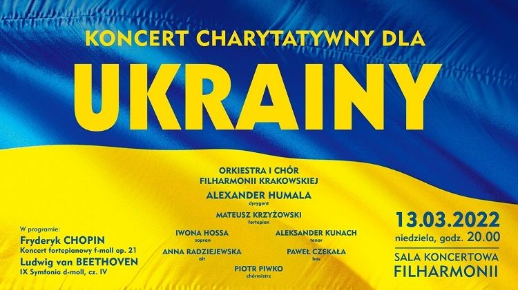 Na tle flagi Ukrainy napis: Koncert charytatywny dla Ukrainy