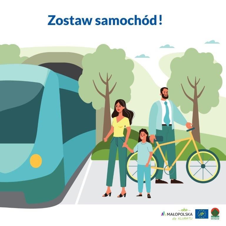 Infografika: rodzina wybiera rower i tramwaj zamiast samochodu