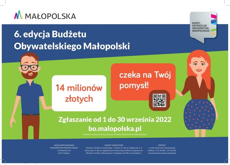 Obraz informujący o terminie składania zadań do Budżetu Obywatelskiego Województwa Małopolskiego od 1 do 30 września 2022 r.