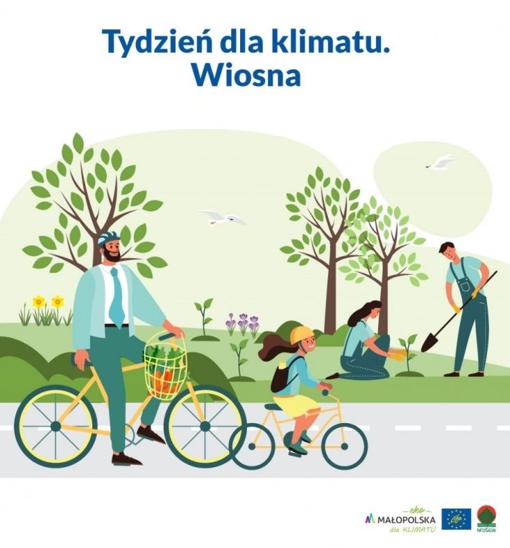 Infografika ilustrująca temat: tata z córką na rowerze, rodzina sadząca drzewo
