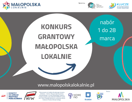 Kolorowa grafika z napisem w białym okręgu: Konkurs grantowy Małopolska lokalnie.