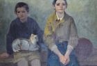 Obraz przedstawiający dwóch siedzących chłopców, jeden z nich trzyma na kolanach kota-autor Helena Krajewska