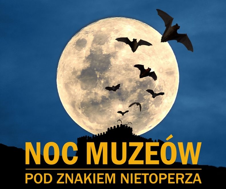 Grafika do Noc Muzeów pod znakiem nietoperza, lecące na tle księżyca w pełni nietoperze