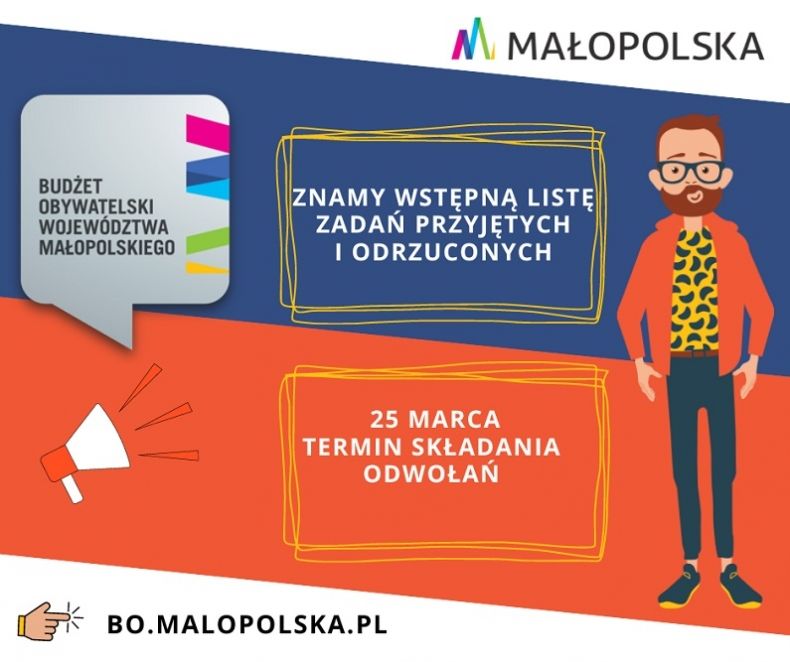 Grafika informująca nt. przyjętych i odrzuconych zadań w ramach 7 edycji Budżetu Obywatelskiego Małopolski, oraz o terminie odwołań.