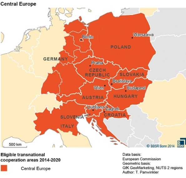 Mapa Europy Środkowej ilustrująca obszar wsparcia programu Interreg Central Europe