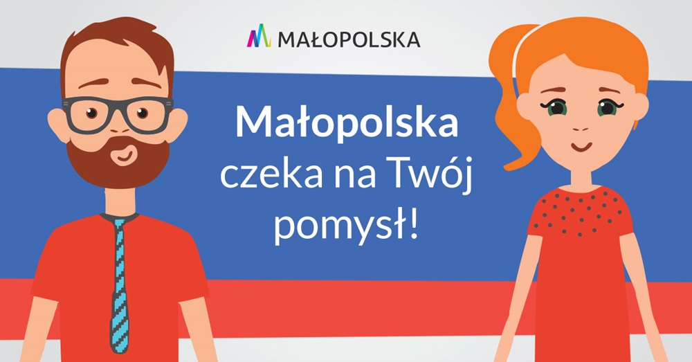 Grafika 5. edycji BO Małopolska. Napis Małopolska czeka na twój pomysł oraz grafika postaci kobiety i mężczyzny