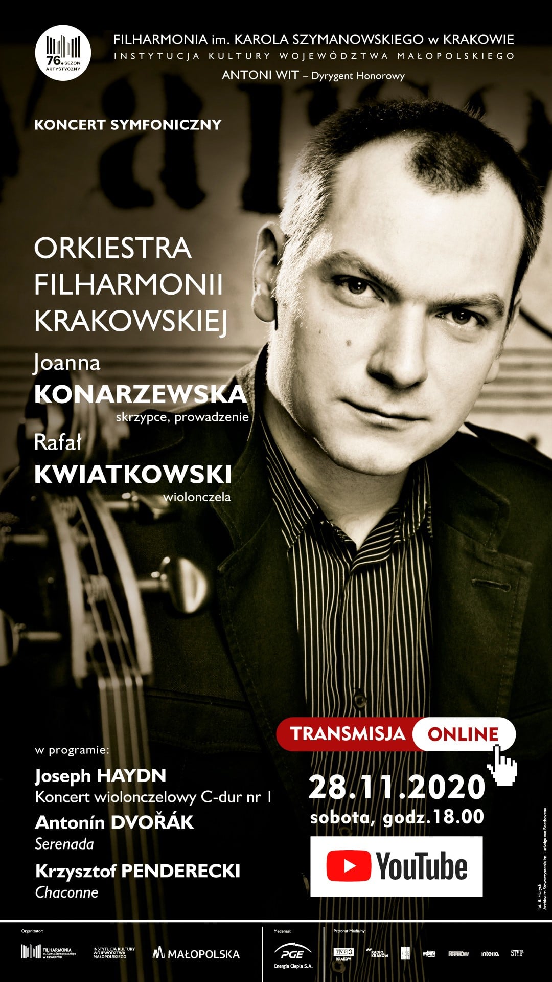 Koncert symfoniczny w Filharmonii Krakowskiej. Plakat koncertu organizowanego 28 listopada 2020 roku