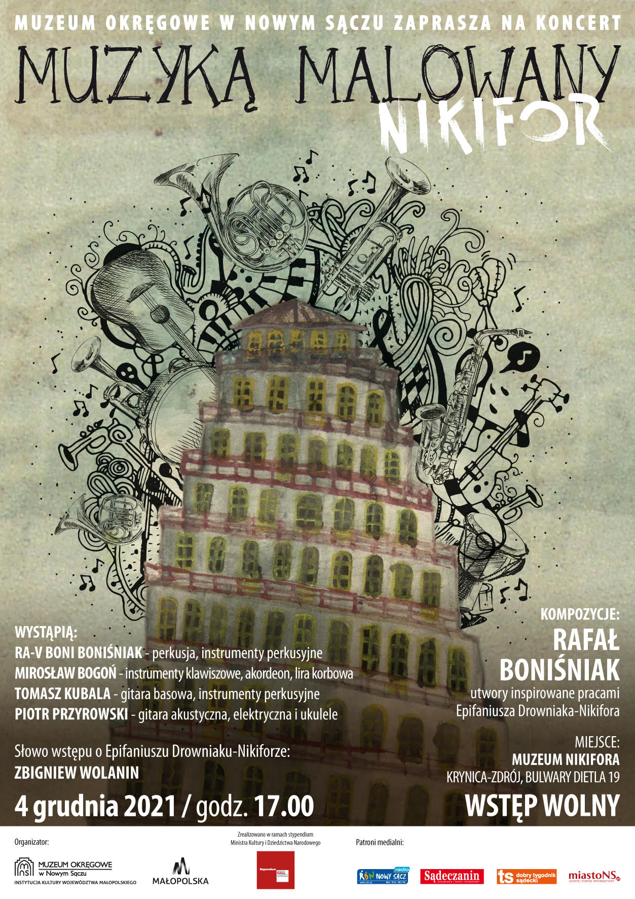 Plakat promujący koncert w Muzeum Nikifora.