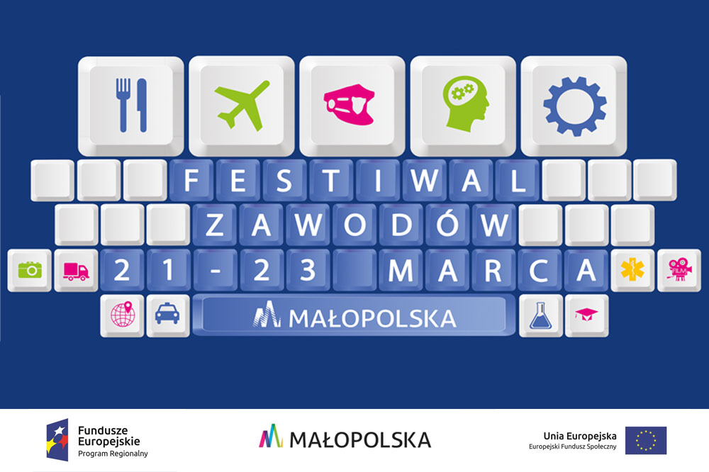 Grafika przedstawia klawiaturę komputerową, na której znajduje się na klawiszach napis Festiwal Zawodów oraz logo Małopolska
