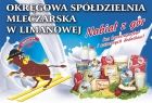 Kolorowy plakat z logotypem OSM Limanowa (krowa na nartach) oraz zdjęciami produktów mleczarskich
