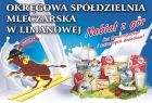 Kolorowy plakat z logotypem OSM Limanowa (krowa na nartach) oraz zdjęciami produktów mleczarskich