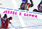 Kolorowy baner z dziećmi jeżdżącymi na nartach i nazwą projektu "Jeżdżę z głową"