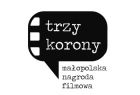 Grafika na kliszy filmowej napis trzy korony, a pod nią napis Małopolska nagroda filmowa