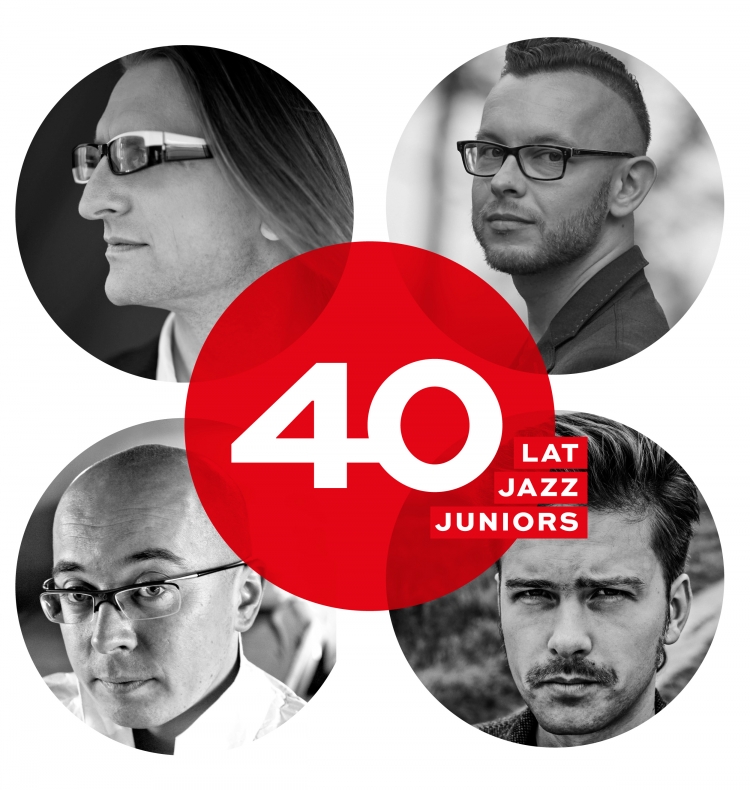 Zdjęcie. w kołach na planie prostokąta 4 mężczyzn, a w środku piąte, czerwone koło z napisem: 40 lat jazz Juniors