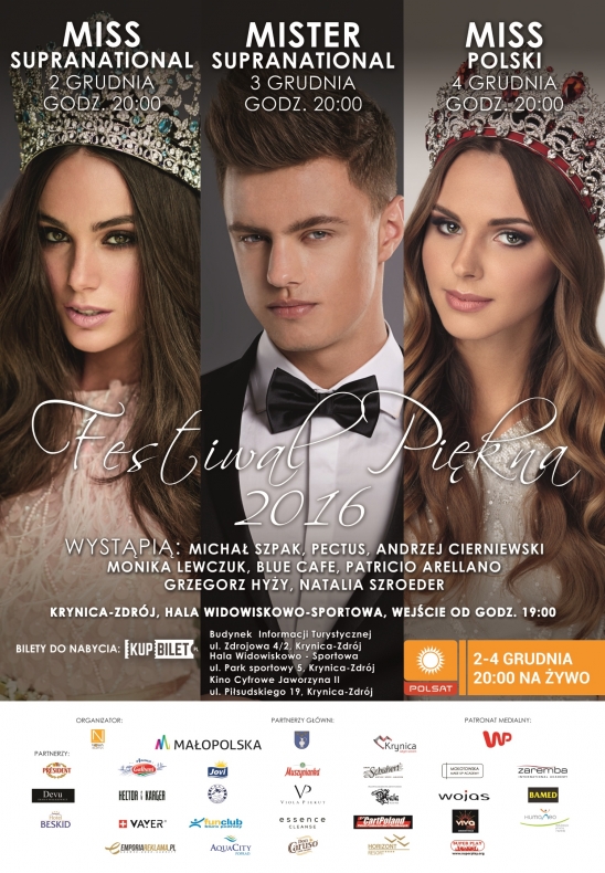 Plakat przedstawiający Miss Supranational z takim napisem i datą 2 grudnia godz. 20 ; Mister Supranational, 3 grudnia godz. 20; Miss Polski, 4 grudnia godz. 20; Na tle psotaci napis Festiwal Piękna