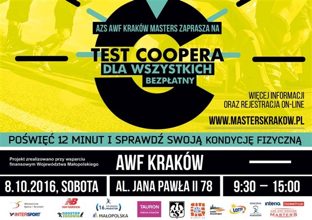 zółto-czarny plakat zachęcający do uczestnictwa w Teście Coopera 8 października 2016 roku
