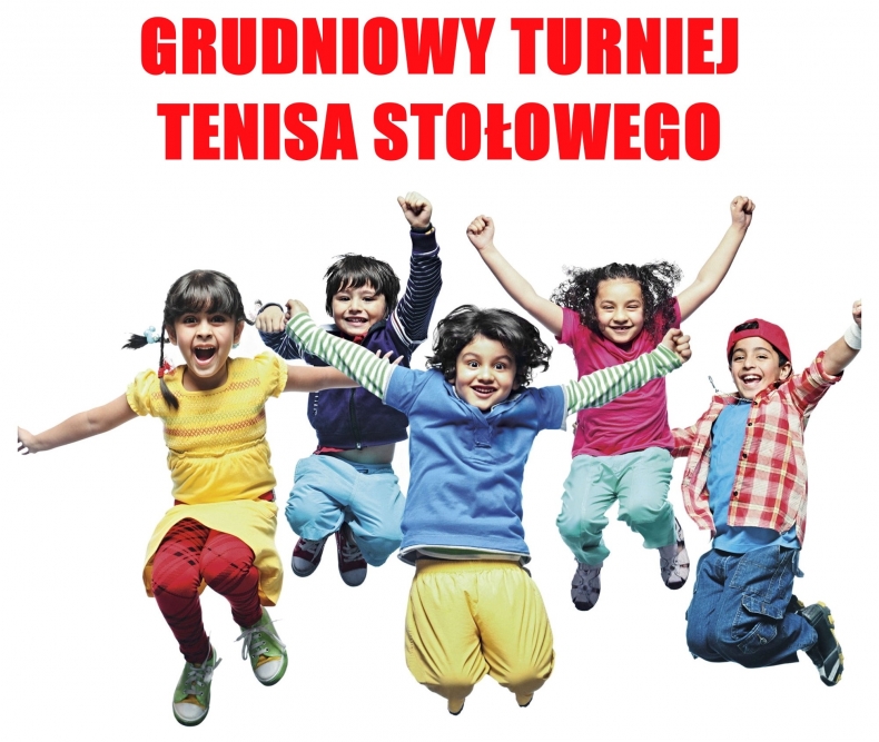 Plakat. na górze napis gruniowy turniej tenisa stołowego. poniżej piątka dzieci, kolorowo ubrane w podskoku