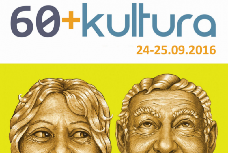 Plakat podzielony jest na dwie części, górna: na białym tle napis 60 Kultura 24-25 erześnia. dolna część: na żłótym tle- górne części twarzy posągów kobiety i mężczyzny