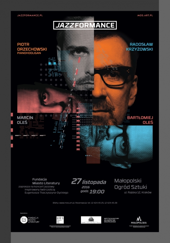 Plakat, połowy profili 4 twarzy oraz opis Małopolski Ogród Sztuki, 27 listopada godz. 19