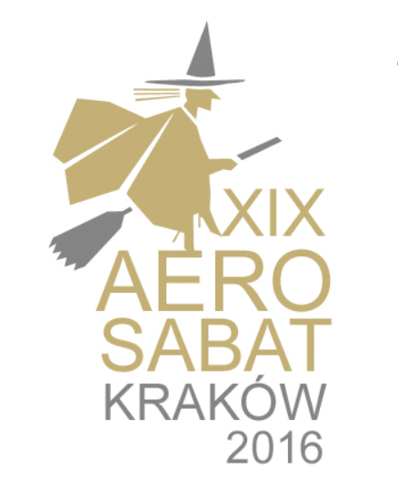 Plakat wydarzenia. Przedstawia postać czarownicy na miltle. Znajduje się też na na plakacie napis: XIX aerosabat. Kraków 216