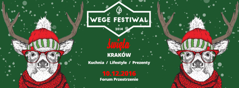 Na zdjęciu dwa renifery en face, w czapkach mikołajowych. pomiędzy nimi napis: wege festiwal, kraków, święta, kuchnia, 10 grudnia 2105 , forum przestrzenie