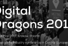 Czarno białe zdjęcie. Postaci wielu osób w ruchu. Na tym tle napis Digital Dragons 2017