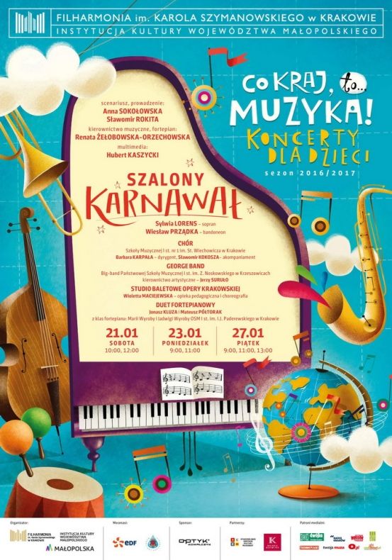 kolorowy plakat, rysunek, instrumenty muzyczne i informacje zawarte w artykule