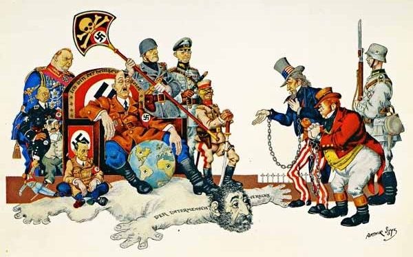 Grafika pędzlem, satyra na faszyzm. postaci w strojach renesansowych, wśród nich Hitler