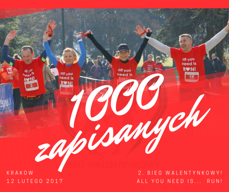 Zdjęcie podzielone na dwie cześci. górna część zdjęcie czwórki biegarzy z podniesionymi dłońmi, poniżej na czerwonym tle napis 1000 zapisanych