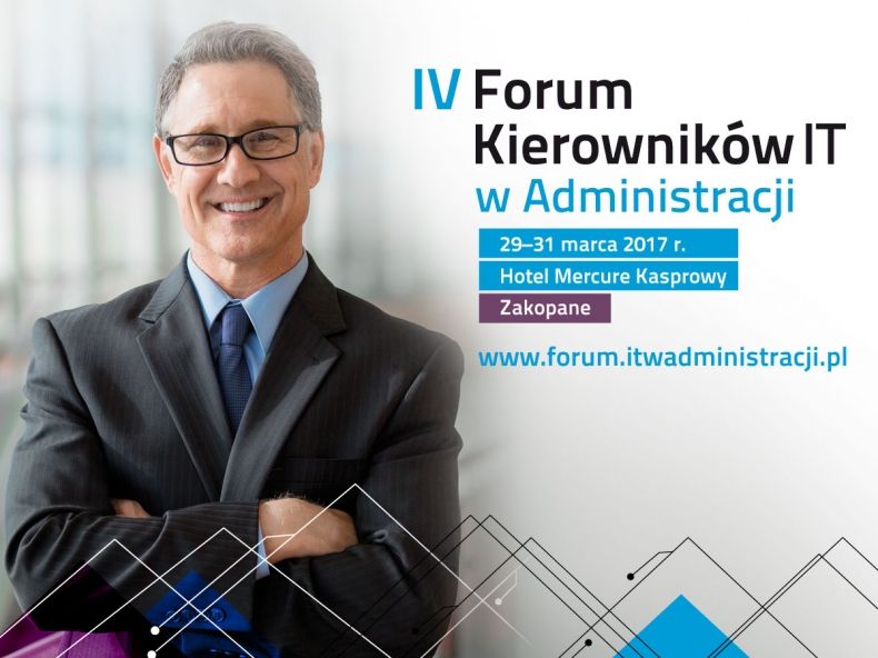 Plakat. stoi mężczyzna w garniturze i okularach, obok napis IV Forum Kierowników IT w Administracji, Hotel Mercure Kasprowy Zakopane