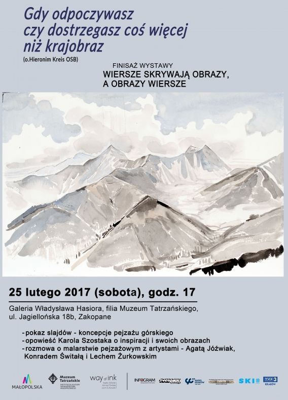 Plakat. przedstawia obraz gór w scenerii zimowej. Dodatkowo informacje o finisażu wystawy zwarte w artykule