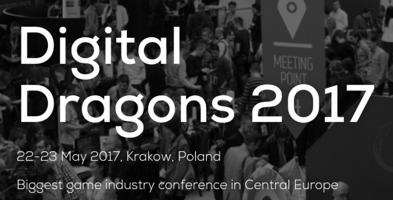 Czarno białe zdjęcie. Postaci wielu osób w ruchu. Na tym tle napis Digital Dragons 2017