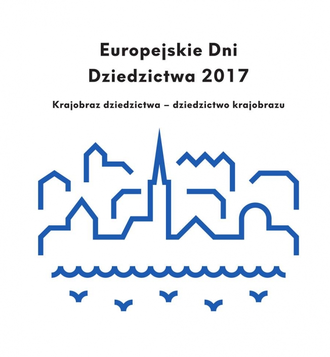 Plakat wydarzenia. zarys miasta narysowany niebieską kreską na białym tle. Na gorze plakatu napis Europejskie Dni Dziedzictwa. Krajobraz dziedzictwa - dziedzictw krajobrazu
