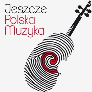 Plakat. napis Jeszcze polska muzyka. i kolaż linii papilarnych palca w kształcie skrzypiec