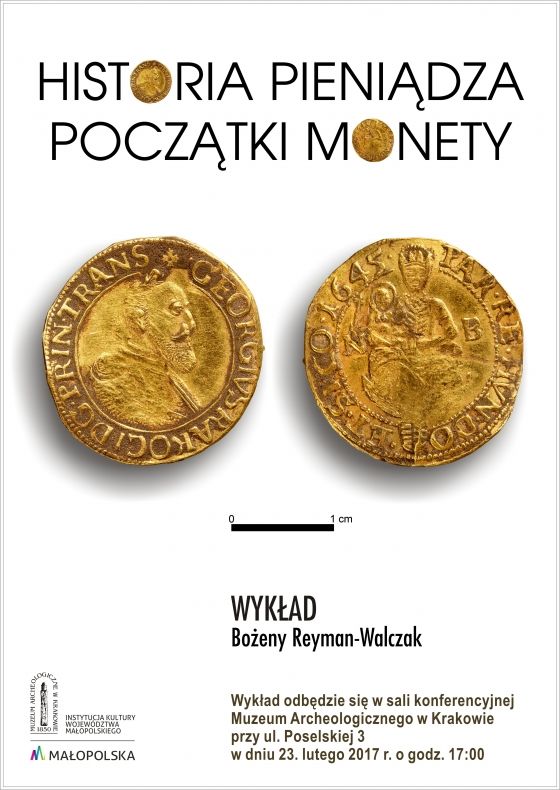 Plakat. napis na górze: Historia pieniądza. Początki monety. poniżej awers i rewers starej monety. poniżej informacje praktyczne zawarte w artykule