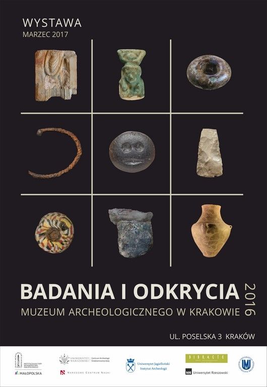 Plakat, podzielony na 9 cześci, a w każdej z nich eksponaty archeologiczne