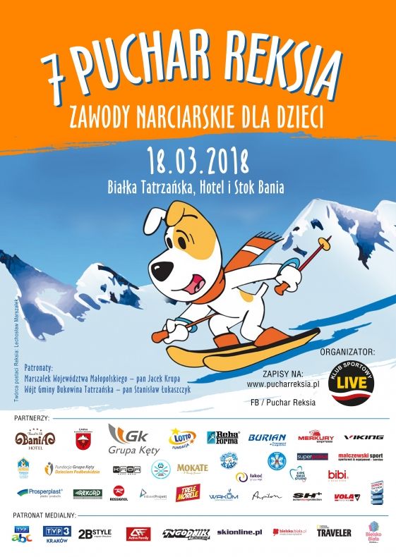 Zdjęcie przedstawia plakat Pucharu Reksio-zawodów narciarskich dla dzieci w Białce Tatrzańskiej.