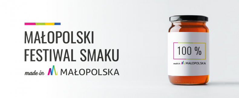 Zdjęcie przedstawia plakat ze słoikiem i napisem Małopolski Festiwal Smaku Made in Małopolska.